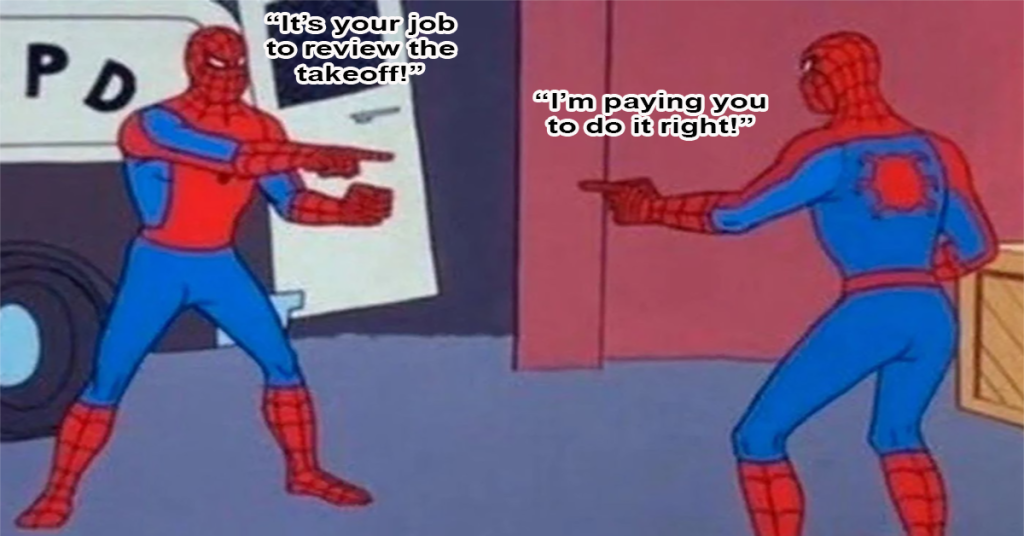 Picture of two Spidermen pointing at each other, representing a contractor and an estimator.